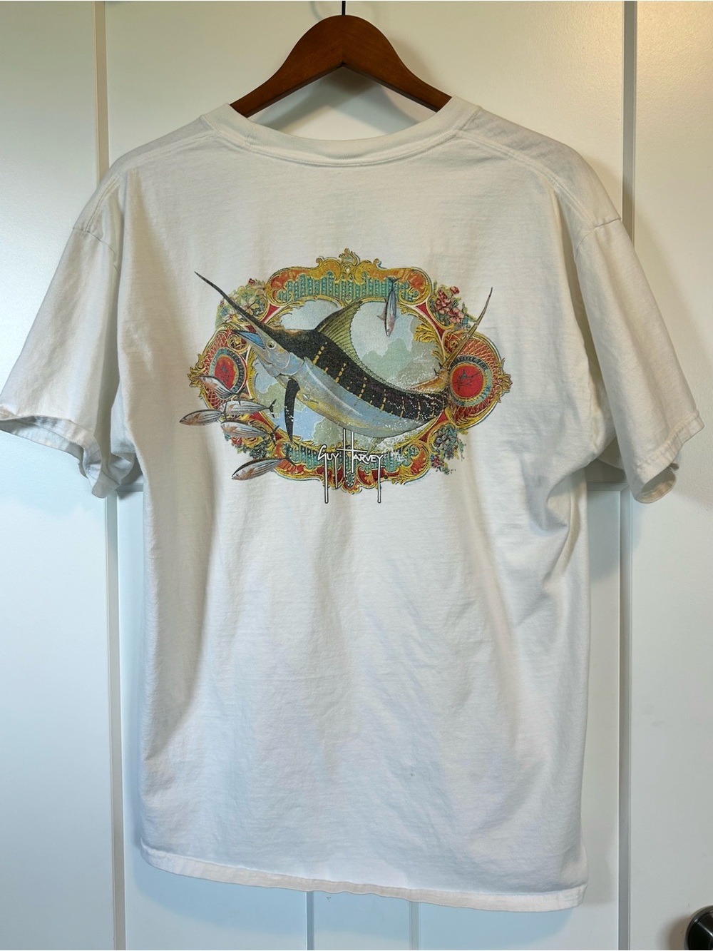 Guy Harvey White Marlin Ornate Frame Pocket Graphic T-Shirt Men's Large White